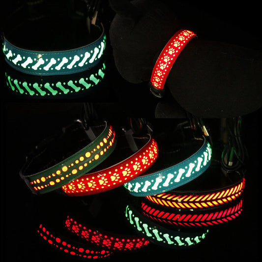Collier de chien Shoous LED aste par USB, cuir PU, conception gravée, réglable, veilleuse pour chiens