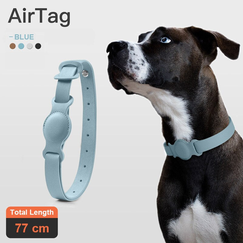 Adjustable Leather Pet Collar with Anti-Lost AirTag Case