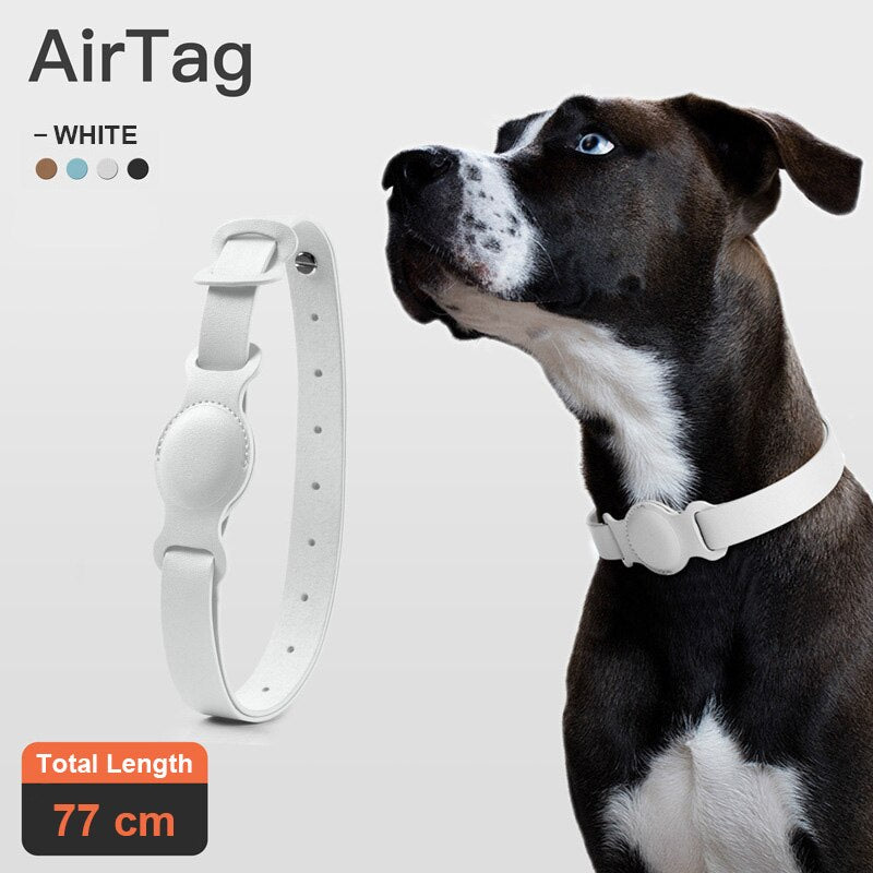 Adjustable Leather Pet Collar with Anti-Lost AirTag Case