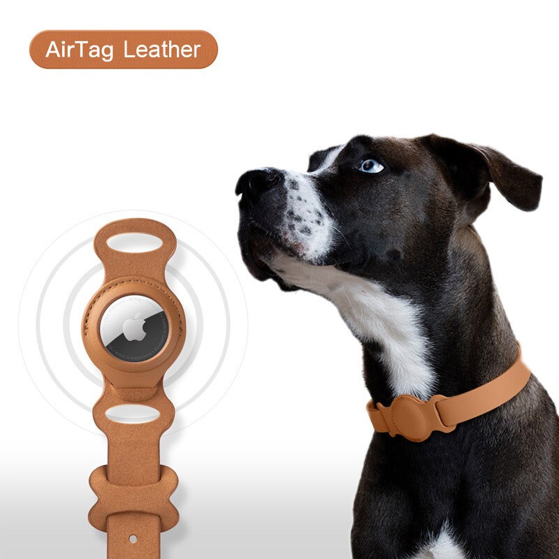 Adjustable Leather Pet Collar with Anti-Lost AirTag Case