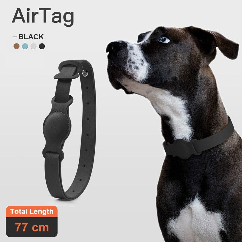 Adjustable Leather Pet Collar with Anti-Lost AirTag Case