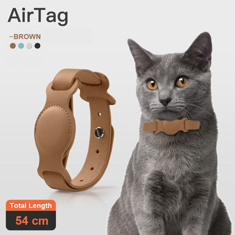 Adjustable Leather Pet Collar with Anti-Lost AirTag Case