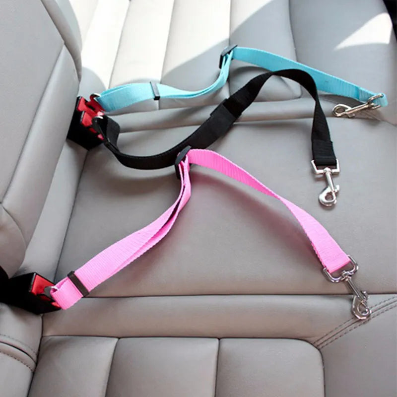 Adjustable pet seat belt, seat belt lead clip