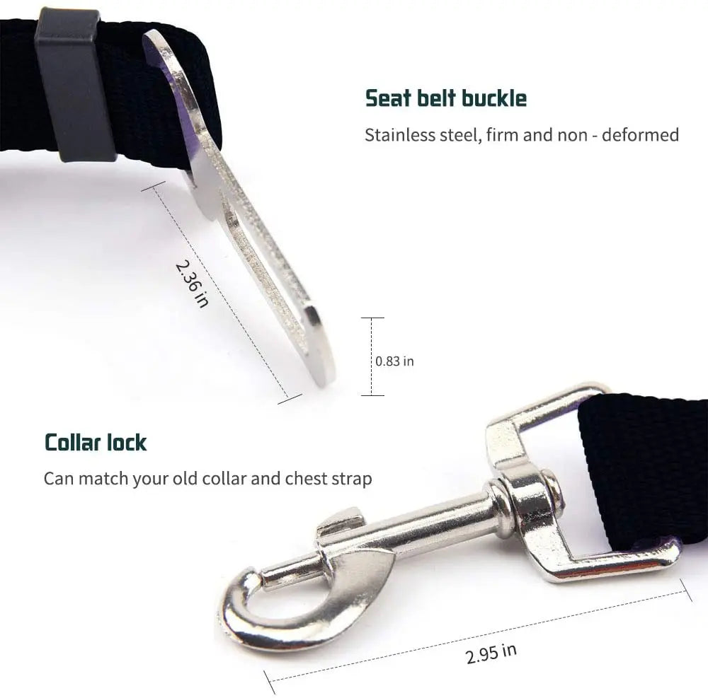 Adjustable pet seat belt, seat belt lead clip