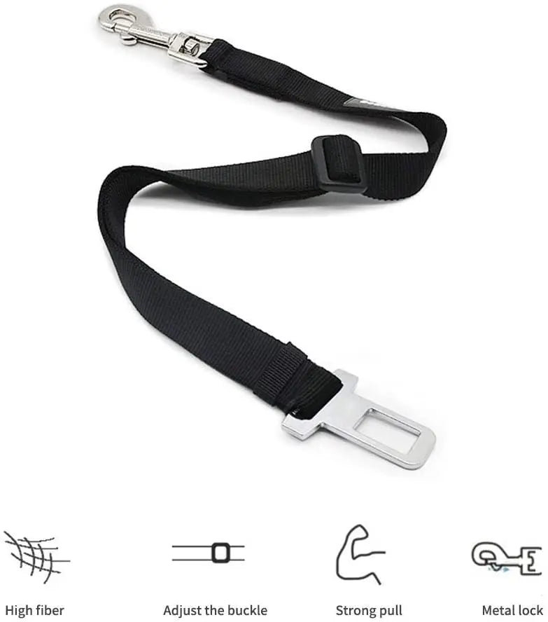 Adjustable pet seat belt, seat belt lead clip