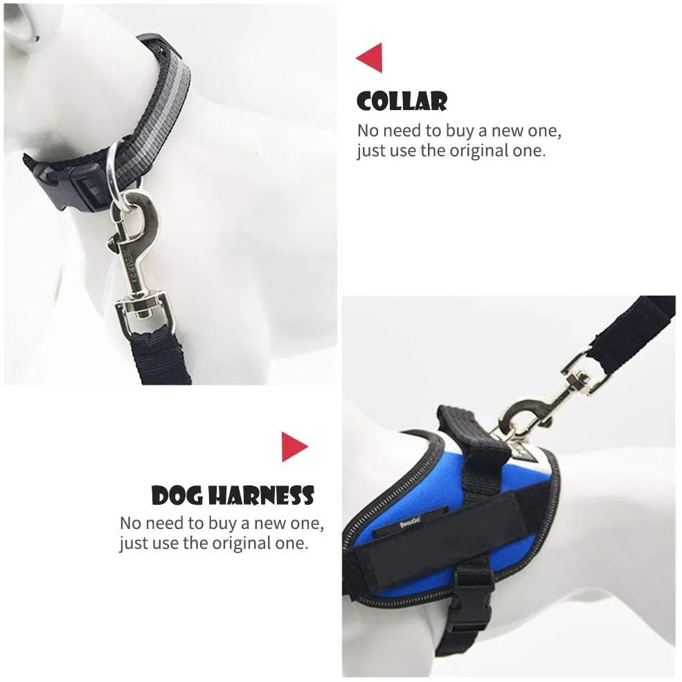 Adjustable pet seat belt, seat belt lead clip