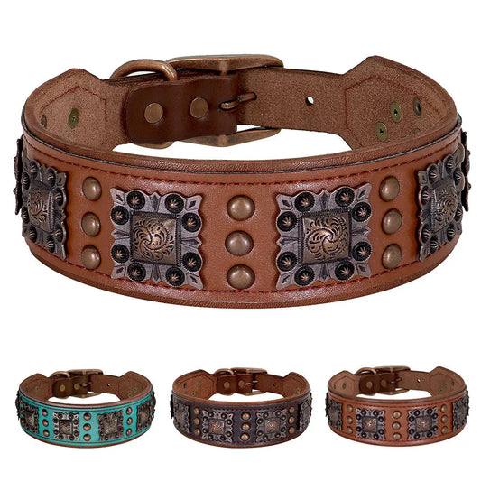 Collier de chien de luxe en cuir, décoré et serti de rivets en métal