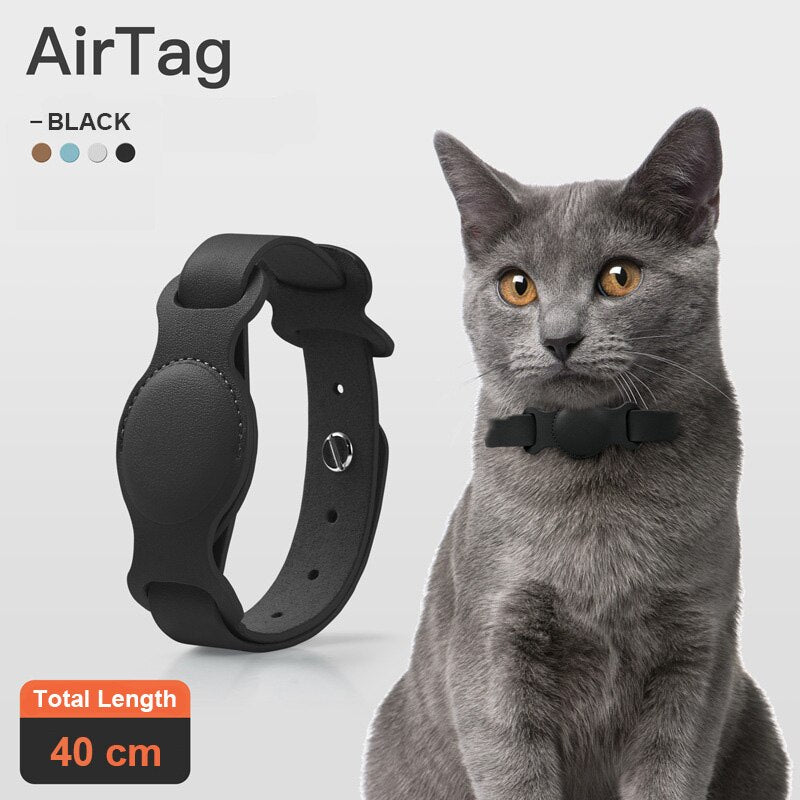 Adjustable Leather Pet Collar with Anti-Lost AirTag Case