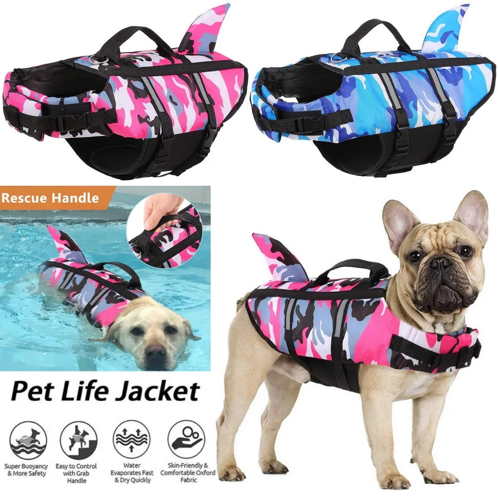 Dog Life Jacket, Life Vest, Pet Dog Collar Harness, Summer Swimsuit, Fuchsia Blue Shark Camouflage 