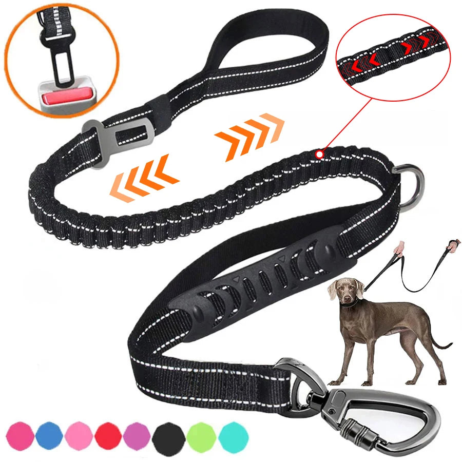 Multifunctional dog leash with: comfortable handle, elastic for shock absorption, seat belt clip and secure attachment clip