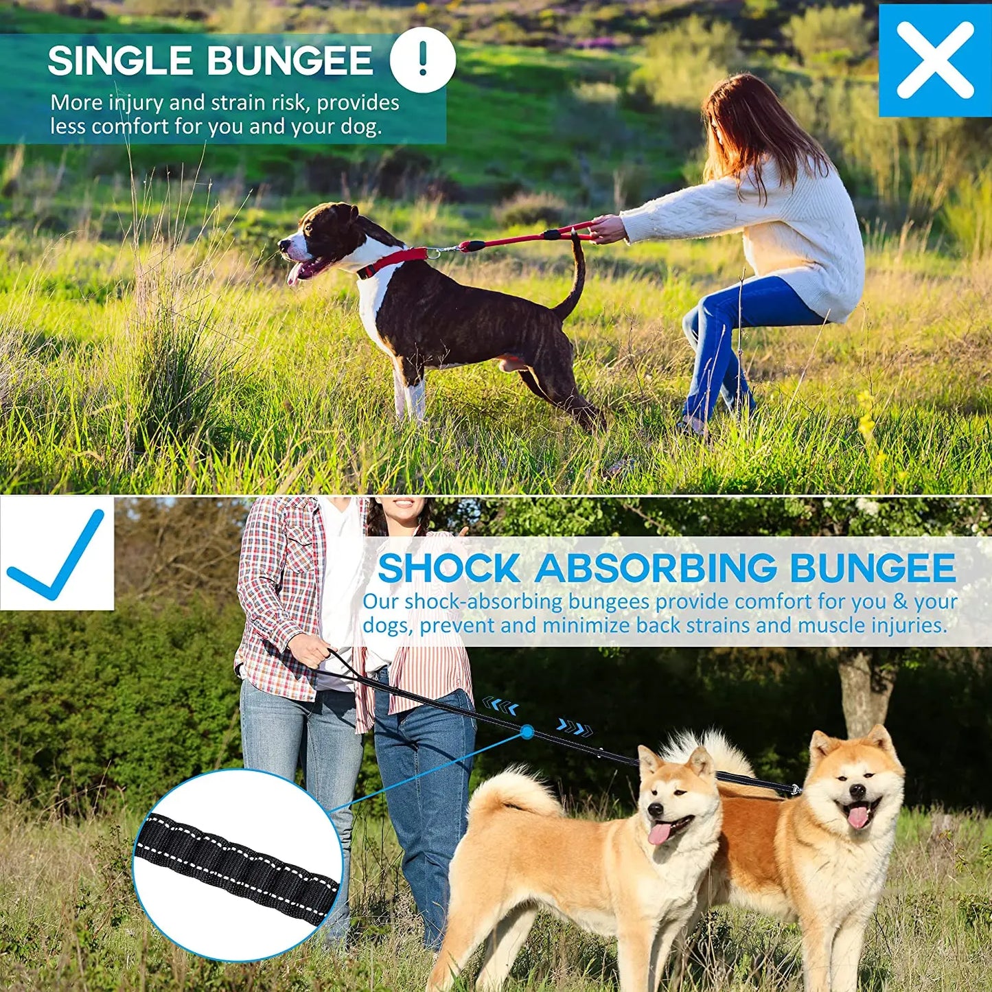 Multifunctional dog leash with: comfortable handle, elastic for shock absorption, seat belt clip and secure attachment clip