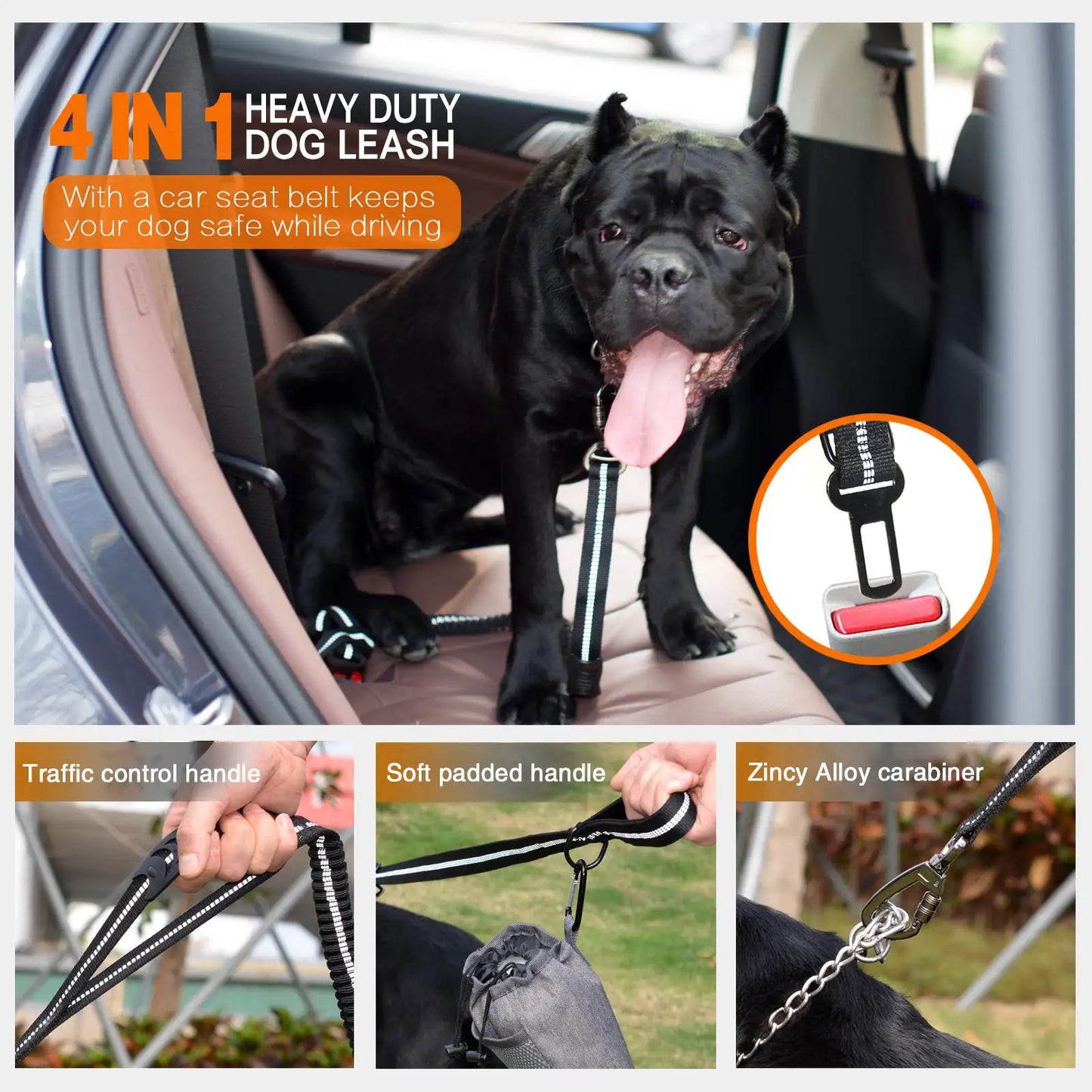 Multifunctional dog leash with: comfortable handle, elastic for shock absorption, seat belt clip and secure attachment clip