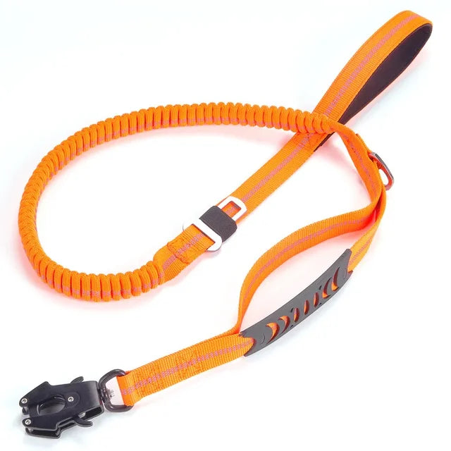 Multifunctional dog leash with: comfortable handle, elastic for shock absorption, seat belt clip and strong attachment clip