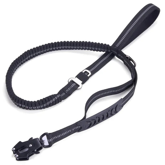 Multifunctional dog leash with: comfortable handle, elastic for shock absorption, seat belt clip and strong attachment clip