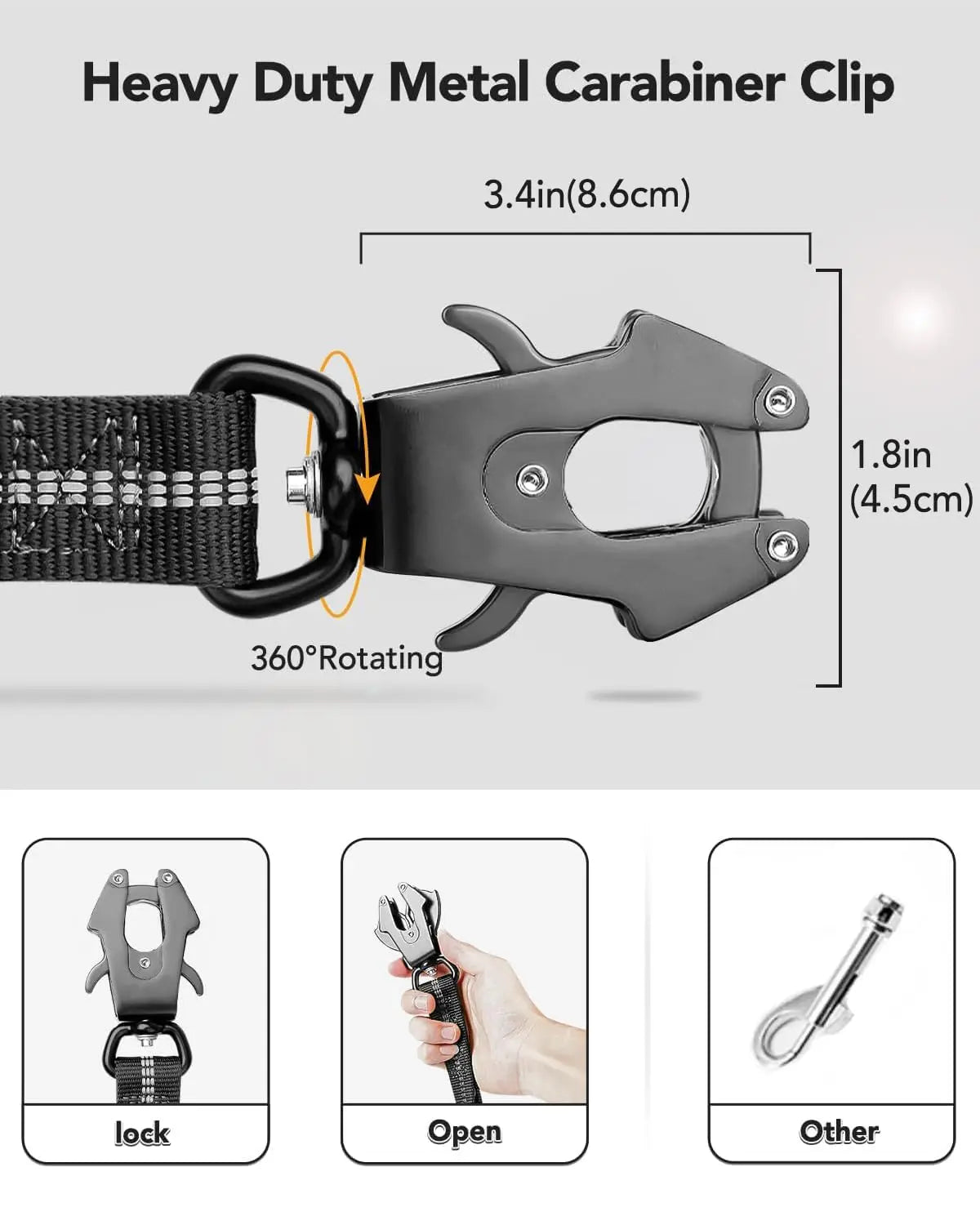 Laisse multifonction pour chien avec :poignée confortable, élastique pour l absorption des chocs, clip de ceinture de sécurité et pince d'attache solide