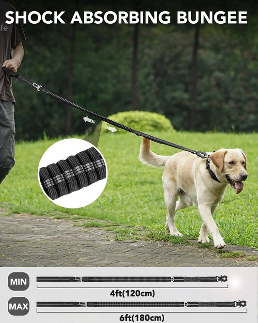 Laisse multifonction pour chien avec :poignée confortable, élastique pour l absorption des chocs, clip de ceinture de sécurité et pince d'attache solide